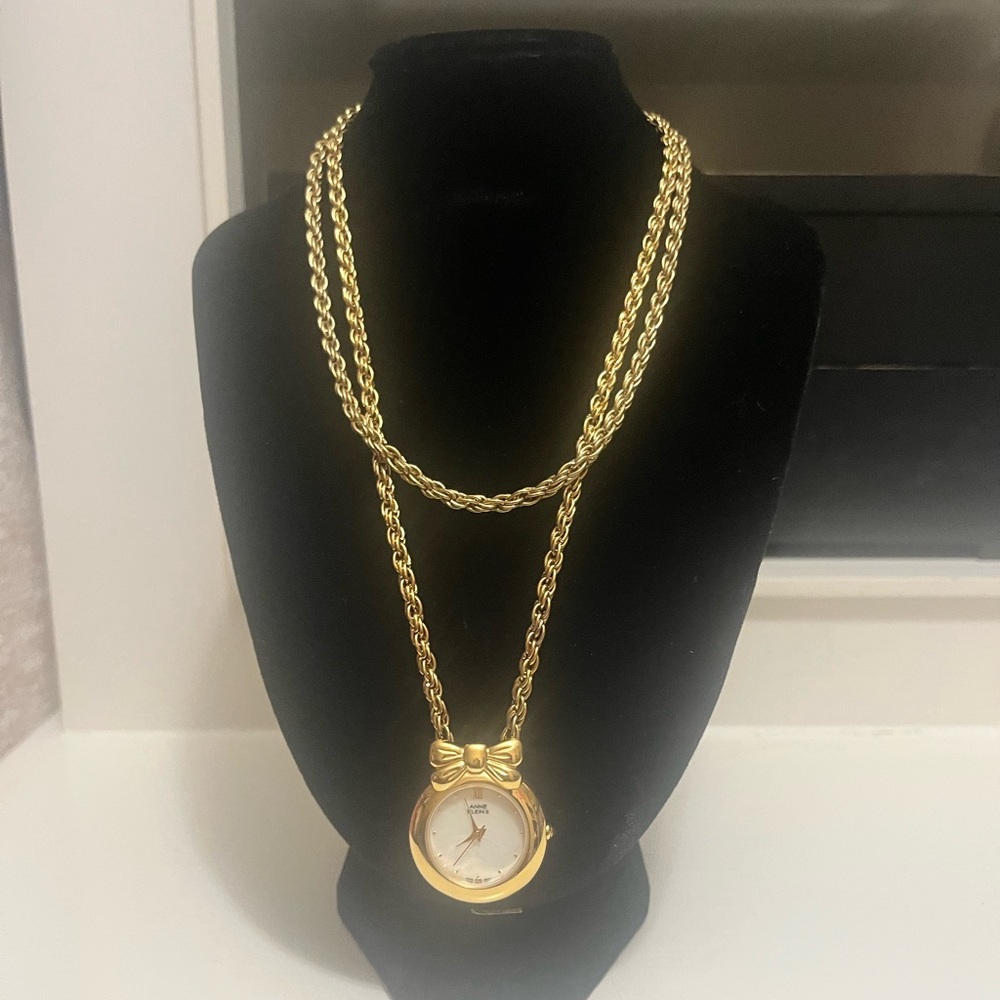 Vintage Anne Klein II pocket- watch style gold coated necklace